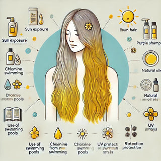 Una collezione di prodotti antigiallo per capelli su uno sfondo bianco, con shampoo, balsami, maschere e sieri progettati per eliminare i toni gialli indesiderati e mantenere il colore dei capelli vibrante e luminoso.